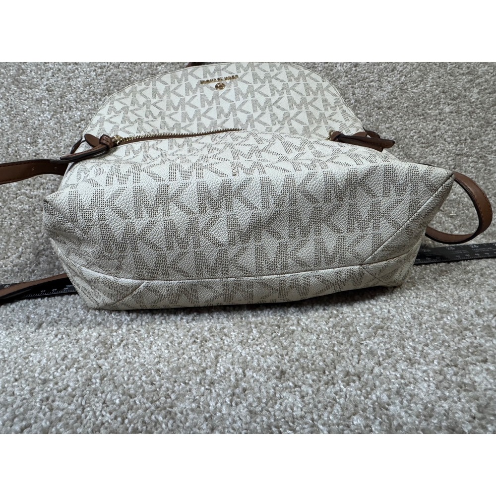 Michael Kors Abbey Medium Backpack Signature Logo White Acorn Brown Leather - Picture 2 of 9